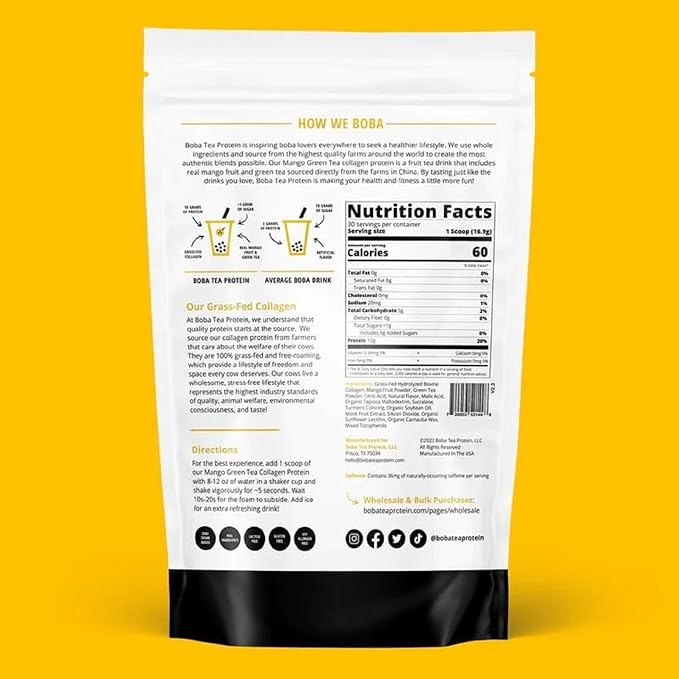 Mango Green Tea Flavored Collagen | 30 Servings | Grass-Fed Hydrolyzed Bovine Collagen Powder for Men and Women | Promotes Hair, Nail, Skin, Bone, and Joint Health | No Added Sugar