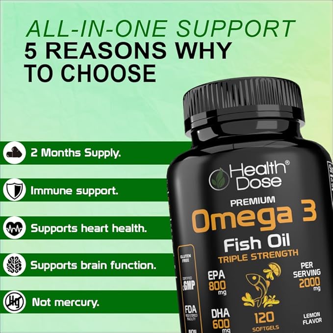 Omega 3 Fish Oil 2000mg – Lemon-Flavored Softgels with EPA 800mg & DHA 600mg for Brain, Heart, and Wellness Support – Easy-to-Digest, No Fish Burps – 120 Softgels, 2-Month Supply