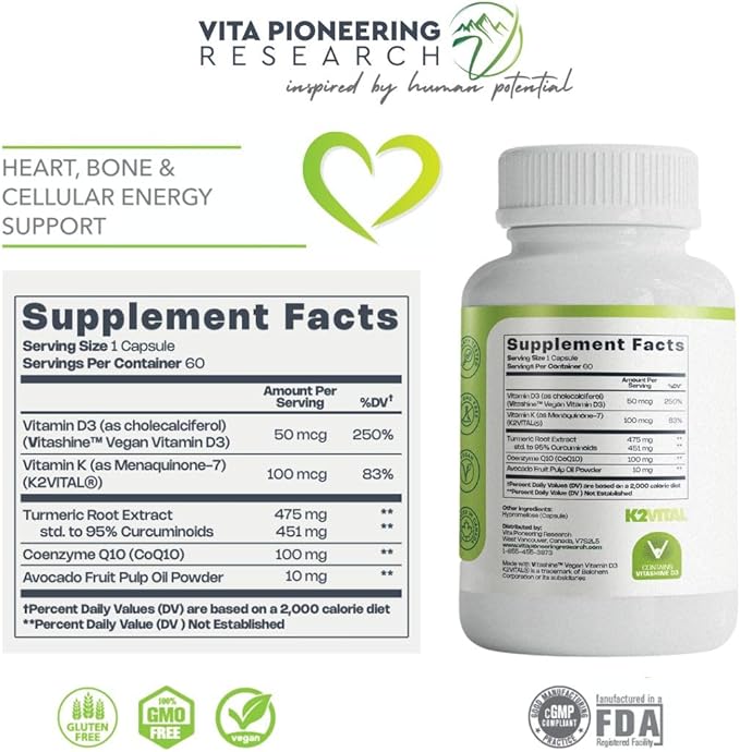 4-in-1 Plant Based Vegan Vitamin D3 2000IU + K2Vital Vitamin K2 with Turmeric and COQ10 - with Avocado Powder for Enhanced Absorption - Heart, Bone, Cellular Health Support
