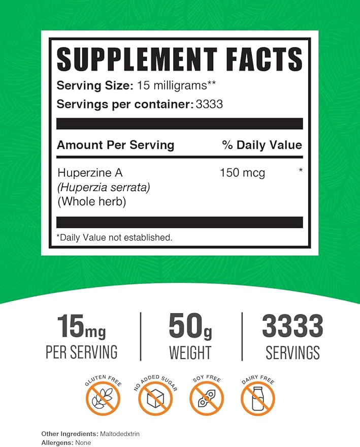 BulkSupplements.com Huperzine A Powder - Pure Huperzine Supplement, Nootropic & for Cognitive Health - 15mg of Huperzia Serrata Powder per Serving, Gluten Free (50 Grams - 1.8 oz)