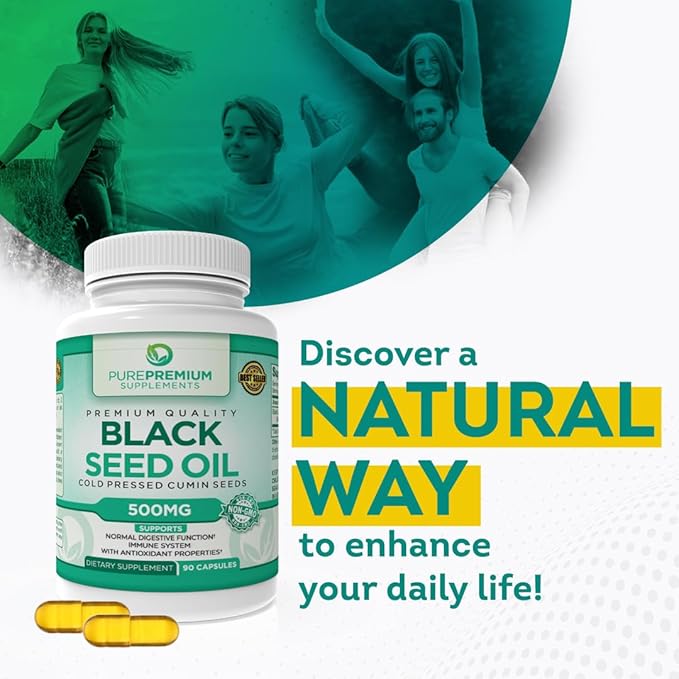 PurePremium Black Seed Oil 500mg - Organic Nigella Sativa Seeds and Cold Pressed Black Cumin Oil Extract - Hair & Skin Supplement for Men and Women - 3 Months Supply - 90 Capsule