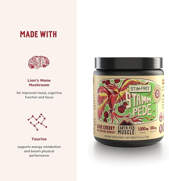 Earth Fed Muscle Stim-Free Stammpede Pre Workout, Sour Cherry, Stimulant and Caffeine Free, Boosts Energy, Endurance and Focus - Lion's Mane and Taurine - Soy Free, Gluten Free, Vegan - 30 Servings