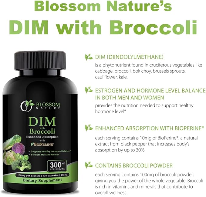 DIM Supplement 300mg with Broccoli 200mg BioPerine 10mg-Hormone and Estrogen Balance for Women & Men,Menopause Relief,PCOS & PMS Support,Hormonal Acne Treatment-120 Caps,Diindolylmethane 150mg per Cap