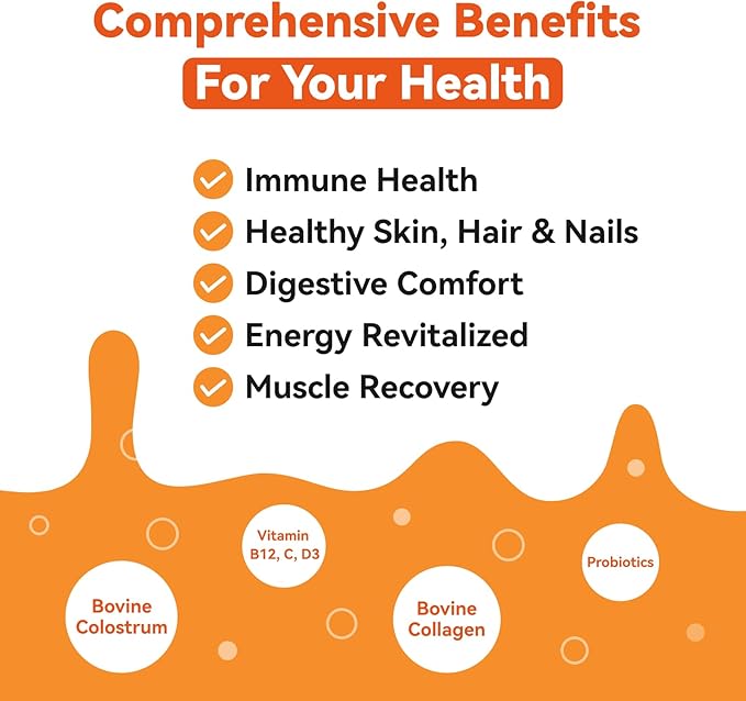 Bovine Colostrum & Collagen Powder for Gut Health, Immune Support, Hair Growth & Beauty Supplement, Sugar Free – IgG, Probiotics, Vitamin B12, C, D3 – Orange Flavor, 30 Servings