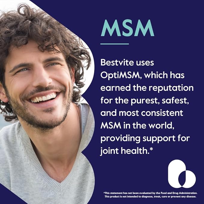 BESTVITE MSM 1000mg Made with OptiMSM (240 Capsules) - No Stearates - GMO Free - Gluten Free - Joint Support