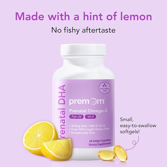 Premom Prenatal DHA Fish Oil: Triglyceride Omega 3 with 470mg DHA, 200mg EPA + 400 IU VIT D3 Supplement - Fertility Support for Women - Globally Sourced from Wild Caught Fish