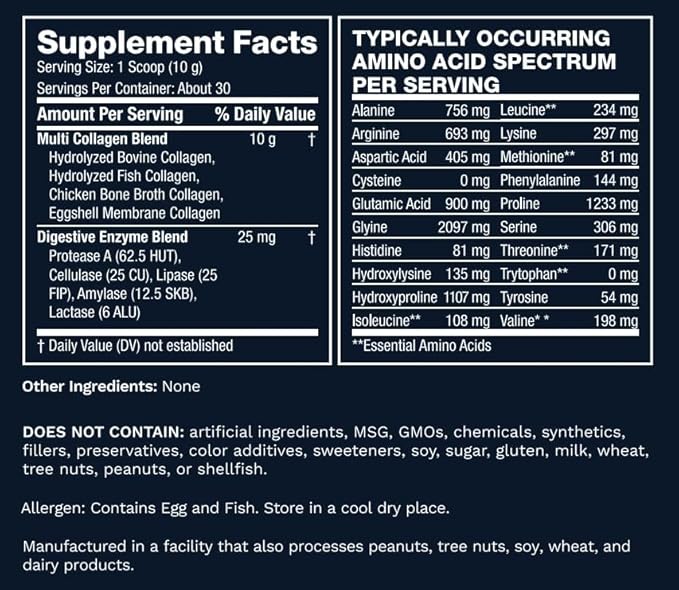Multi Collagen Peptides Types I, II, III, V & X Hydrolyzed Protein Powder – Grass-Fed, Blend with Digestive Enzyme – for Skin, Hair, Nails, Joints & Gut Health, Unflavored