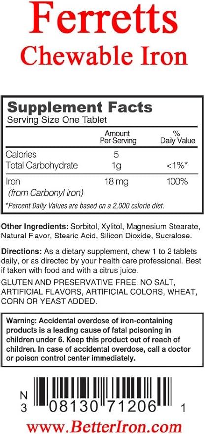 Ferretts Chewable Iron Supplement 18mg (Carbonyl Iron) - 60-Day Supply of Lemon-Lime Flavored Iron Chewables for Iron Deficiency - Gentle & Non-Constipating Iron Supplement Chewables (60ct.)