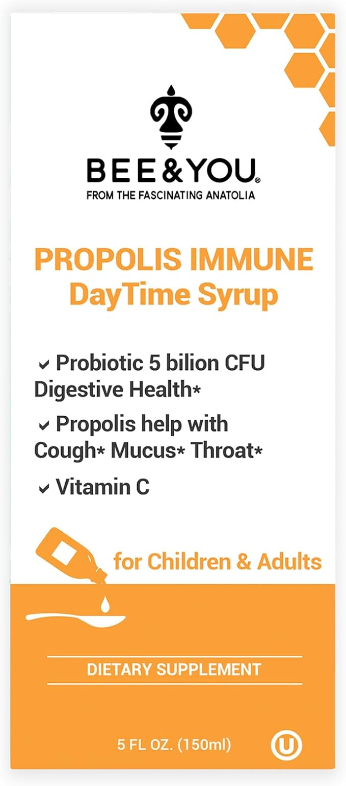Bee and You Propolis Immune Day Time Syrup with Probiotic, Vitamin C, Immune Support, Digestive Health, Antioxidants, Gut Health 5 Fl Oz
