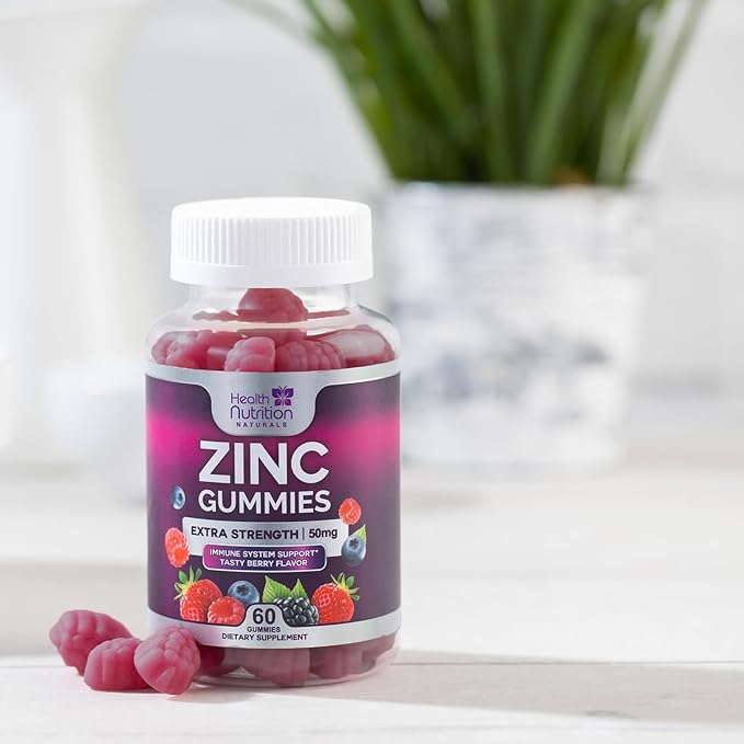Zinc Supplement 50mg Gummies for Adults - Max Strength Skin Health & Immune Support Gummy, Vegan, Non-GMO & Gluten Free, Nature’s Antioxidant & Bone Health Chewable Zinc Vitamins - 60 Gummies