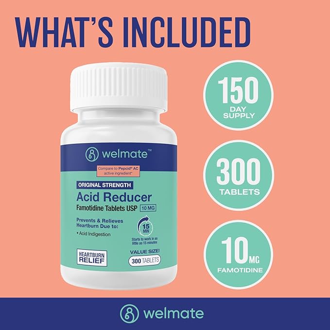 WELMATE - Famotidine Acid Reducer, 10mg - Original Strength - Heartburn Relief - Acid Indigestion - Stomach Relief - Works in 15 Minutes - Generic Medication - Value Size - 300 Tablets