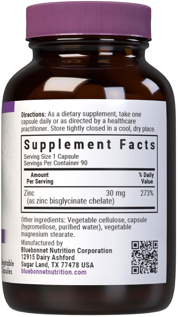 Bluebonnet Nutrition Albion Chelated Zinc, For Immune Health & Enzyme Function*, Soy-Free, Gluten-Free, Non-GMO, Kosher Certified, Dairy-Free, Vegan, 90 Vegetable Capsules, 90 Servings