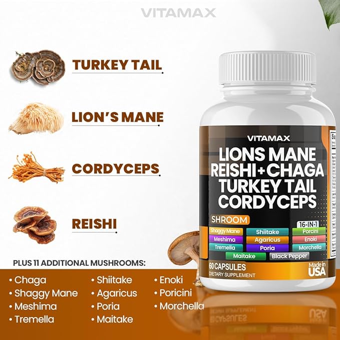 Lions Mane Mushroom, Turkey Tail, Chaga & Reishi, Cordyceps Shiitake White Elm King Trumpet Nameko Oyster Porcini Focus & Energy - Made in USA (60 Capsules (Pack of 1))