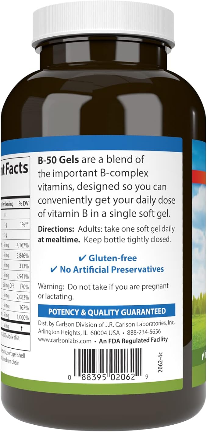 Carlson - B-50 Gels, Vitamin B Complex, Energy Production, Cellular Support & Optimal Wellness, 200 Softgels