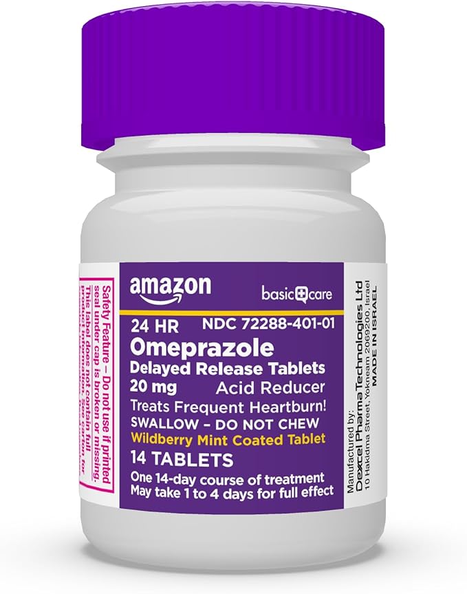 Amazon Basic Care Omeprazole Delayed Release Tablets 20 mg, Acid Reducer, Wildberry Mint Coated Tablet, 14 Count