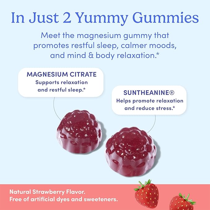 FIRST DAY Magnesium for Kids Gummies – Calm Kids Magnesium Citrate Gummies to Support Sleep & Relaxation – Bedtime Supplement with Suntheanine® L-Theanine, NO Melatonin - Strawberry - 30-Day Supply
