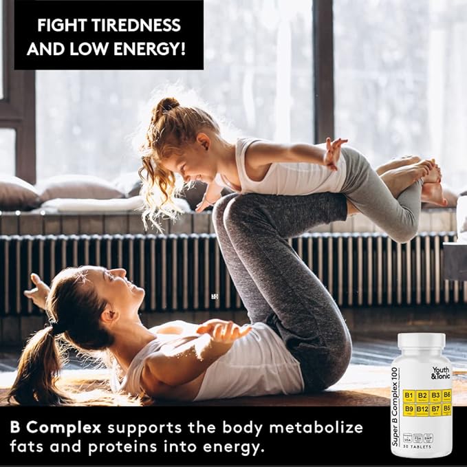 Youth & Tonic Super B Complex B-100 with Choline, Inositol & PABA – High Potency B1, B2, B3, B5, B6, Biotin & B12 – Energy, Mental Clarity, Stress & Nervous System Support – 1-Month Supply