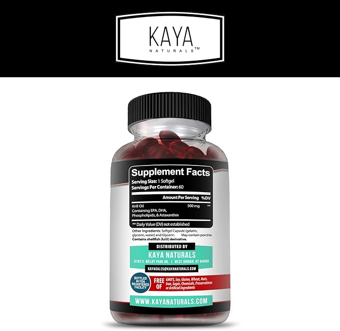 Kaya Naturals - Antarctic Krill Oil 500mg with Omega 3, EPA, DHA, Phospholipids & Astaxanthin Supplement - Brain & Health Vitamin - Anti Aging Supplement - 60 Count Softgels