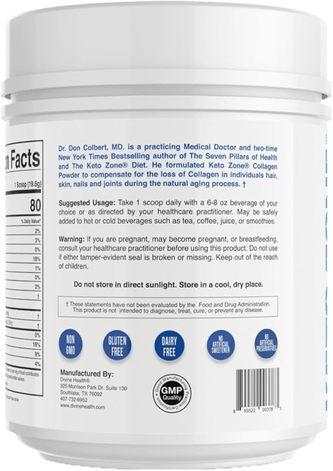 Keto Zone Dr. Colbert MD Hydrolyzed Collagen Powder | Unflavored | by Divine Health | Chicken & Marine Collagen Peptides | Hair, Skin and Nails Support