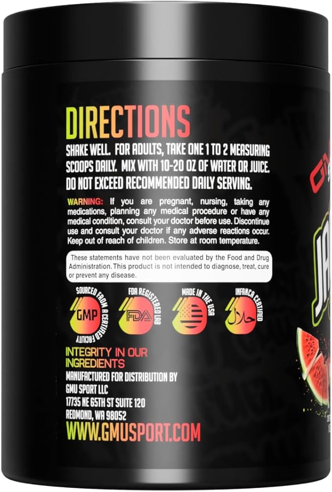 GMU SPORT Jacked Juice Pre Workout | Explosive Energy, Focus & Muscle Pumps | 8g Citrulline Malate, 3g Creatine, Beta Alanine, Alpha-GPC | 250mg Caffeine | 40 Servings Watermelon