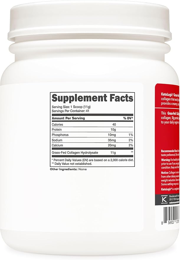 Ketologic Grass Fed Collagen Hydrolysate Powder (Unflavored) (1 LB) - 41 Servings, 11 G Collagen Per Serving, 10 G Protein Per Serving - Grass-fed Collagen Peptides