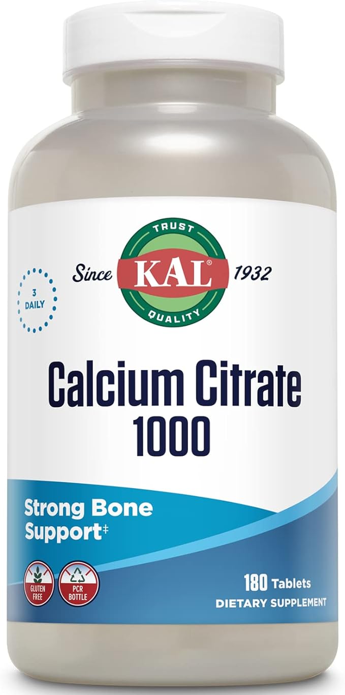 KAL Calcium Citrate 1000mg, Calcium Supplements for Women and Men, Bone Health, Teeth, Nervous, Muscular & Cardiovascular System Support, Gluten Free and Lab Verified, 60 Servings, 180 Tablets