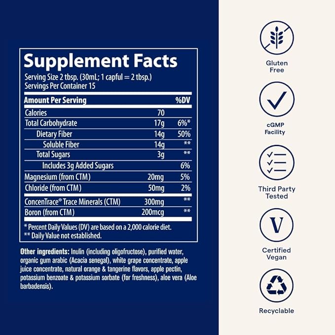 Trace Minerals Fast Absorbing Fiber 14 g - Fiber Supplement with Aloe Vera, Apple Juice & Boron - Healthy Digestion Support with Prebiotic Fiber - Orange Tangerine Flavor, 15 fl oz (15 Servings)
