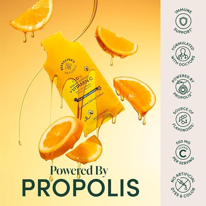 Kid's Immune Liposomal Vitamin C by Beekeeper's Naturals, 500 mg Vitamin C, Elderberry, Vitamin D, Propolis & Honey, Kid-Friendly Immune Support - Mixed Berry Flavor, Easy to Use, Bioavailable, 30 Ct