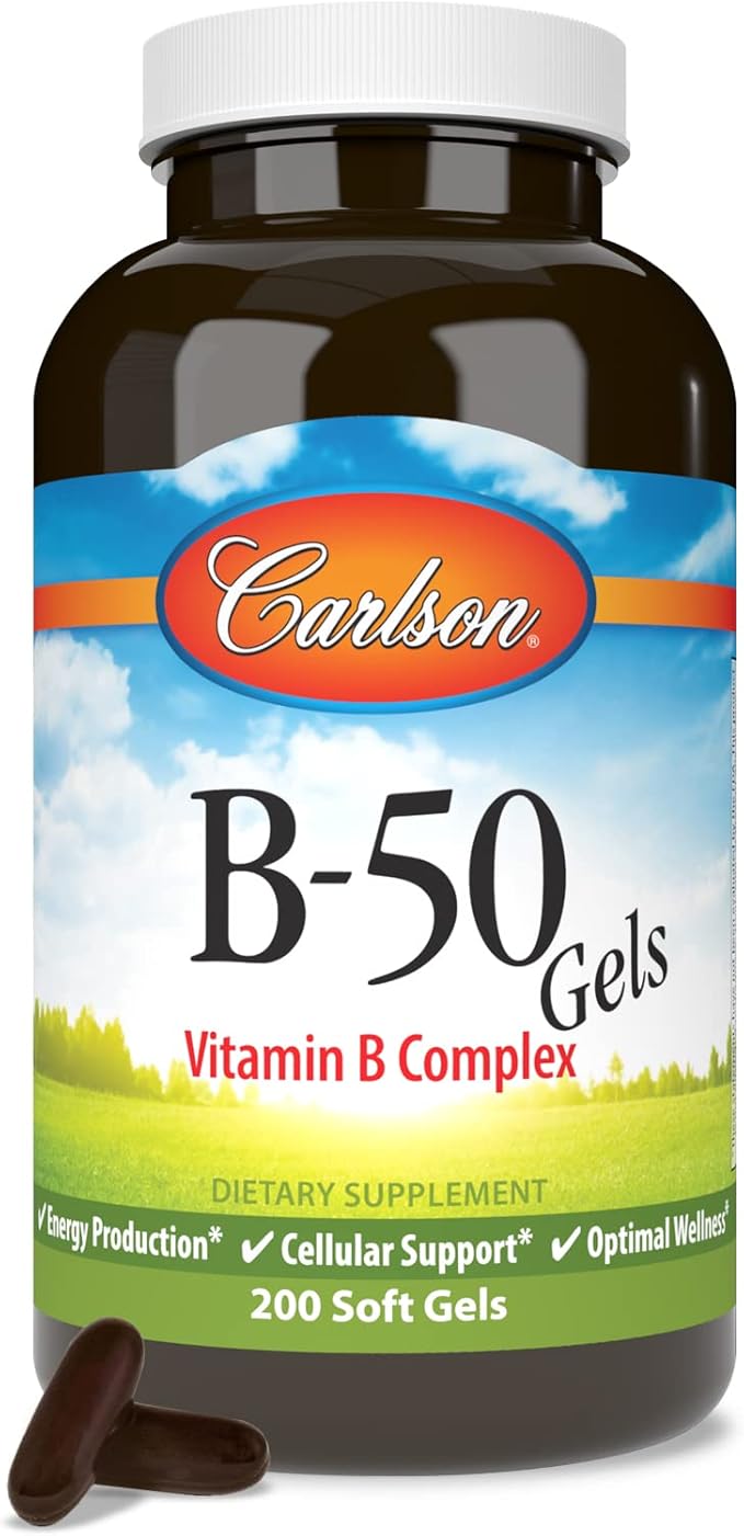 Carlson - B-50 Gels, Vitamin B Complex, Energy Production, Cellular Support & Optimal Wellness, 200 Softgels
