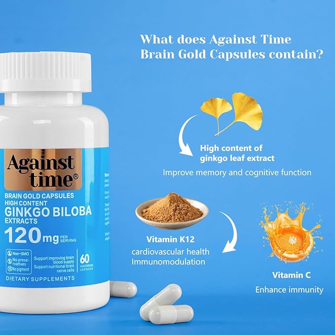 Ginkgo Biloba Capsules Supplements Extra Strength Supports Brain Function & Memory Support, 60 Vegetarian Capsules