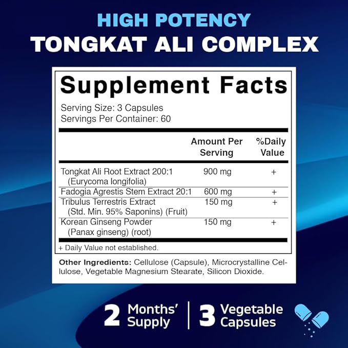 Vitamatic Tongkat Ali Extract 200 :1 Extract for Men (Longjack) Eurycoma Longifolia - 1800 mg Per Serving - Made with Fadogia Agrestis 20:1 Extract, Tribulus 95% & Panax Ginseng - 180 Capsules