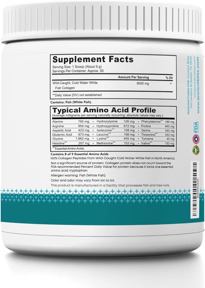 Ancient Bliss Wild-Caught Marine Fish Collagen Peptides Powder, Flavorless Collagen Protein Supplement with Type 1, Non-GMO, Gluten-Free, Amino Acid Supplement for Skin, Hair and Nails, 15.87 Oz