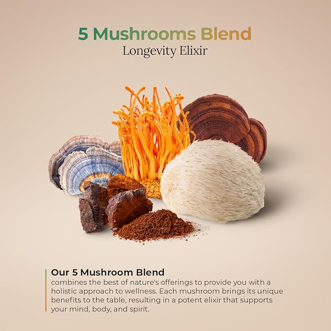 5 Mushrooms Power Bland, Organic Powder with Lions Mane, Reishi, Cordyceps, Turkey Tail, Chaga. 100 Grams