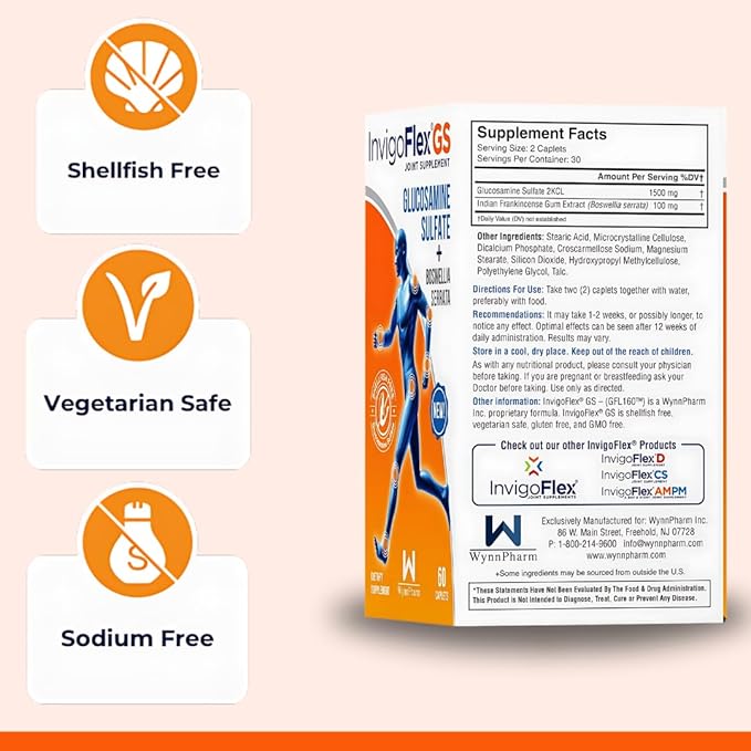 INVIGOFLEX Glucosamine Sulfate (Shellfish Free, Sodium Free & Vegetarian Safe) Non GMO, Gluten Free - with Boswellia Serrata - Premium Joint Supplement GS - 3 Pack
