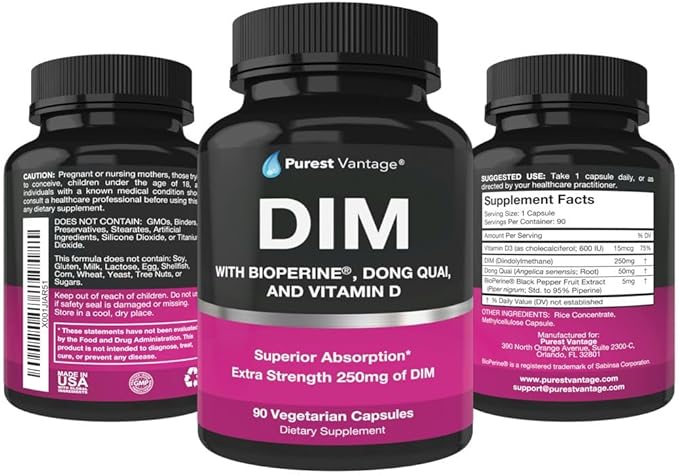 Pure DIM Supplement 250mg Diindolylmethane Plus BioPerine and Dong Quai - Hormone Balance Support for Women and Men, Menopause & Estrogen Support - 90 Vegetarian Capsules