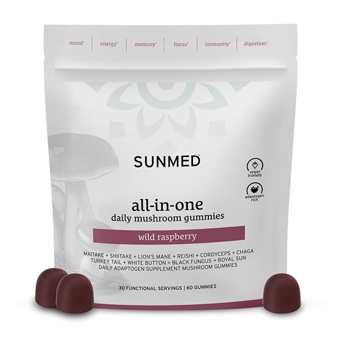 SUNMED All-in-One Mushroom Gummy Supplements for Focus, Energy, Mood & Immune Support – 10 Functional Mushrooms (Lion’s Mane, Reishi, Cordyceps, Chaga) | Wild Raspberry Flavor, 60ct