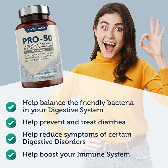 Vitamin Bounty Pro-50 Probiotics for Women Digestive Health | 50 Billion CFU & 13 Strains | SBO Synbiotic Formula Delayed Release Capsule+Prebiotic Greens for Immune Support – for Women & Men | 60cap