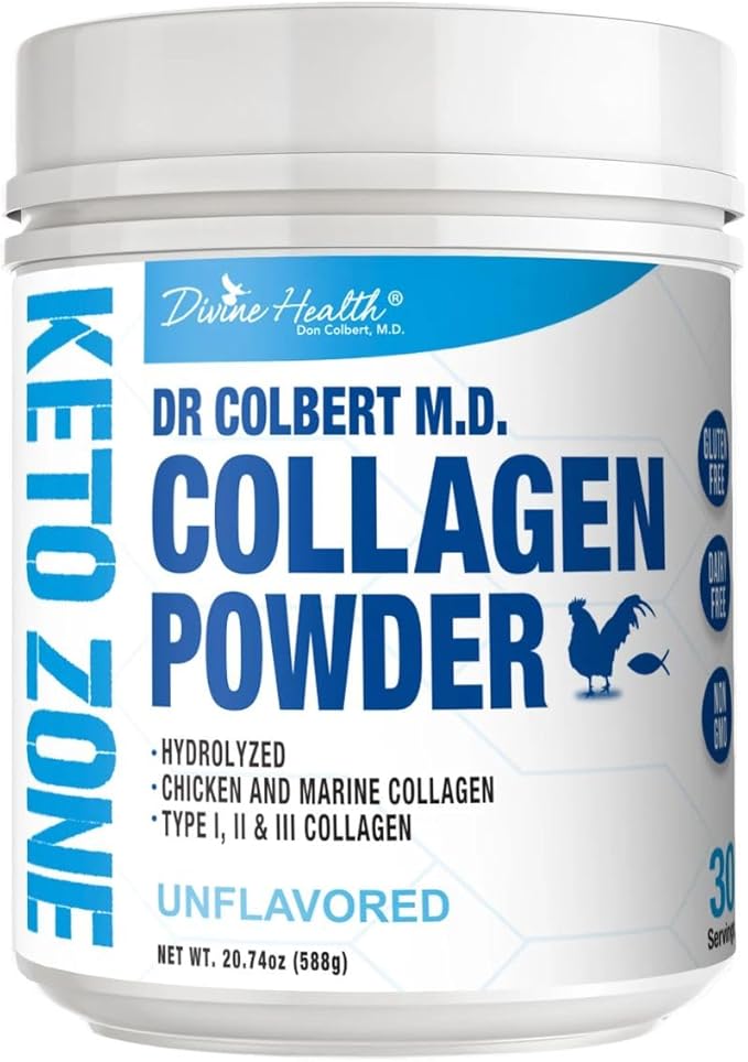 Keto Zone Dr. Colbert MD Hydrolyzed Collagen Powder | Unflavored | by Divine Health | Chicken & Marine Collagen Peptides | Hair, Skin and Nails Support