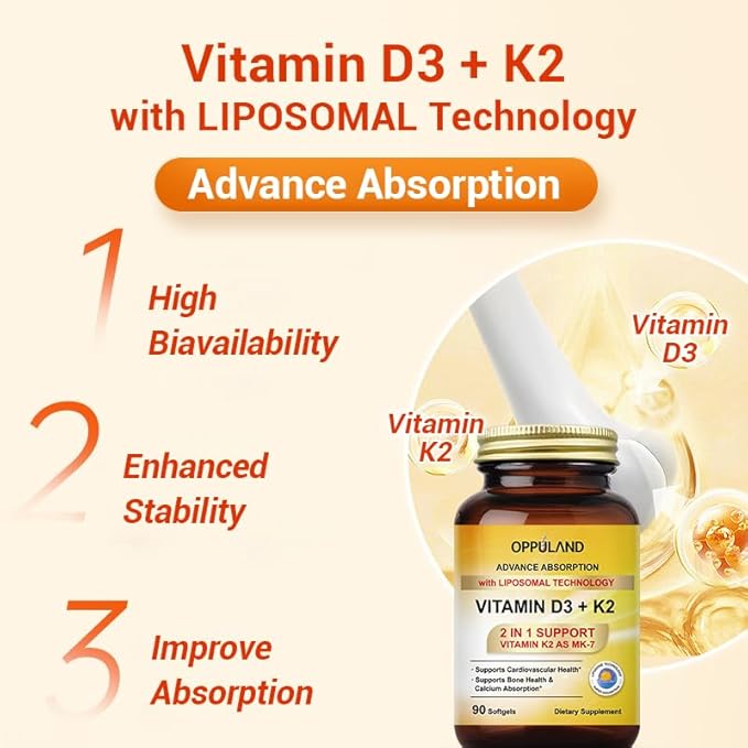 Vitamin D3 + K2 5000 IU - Liposomal Technology for Enhanced Absorption - MK-7 Vitamin K2 100mcg - Supports Bone & Calcium Metabolism - D3K2 Supplement for Men & Women - 90 Softgels