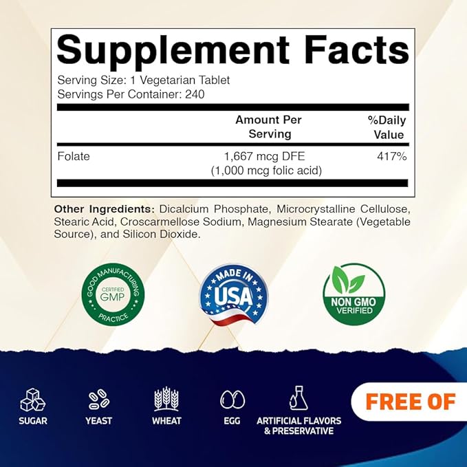 Vitamatic Folic Acid 1000 mcg (1 mg) – 240 Vegetarian Tablets (Pack of 2) 1667 mcg DFE – Vitamin B9 for Prenatal, Heart & Cellular Health