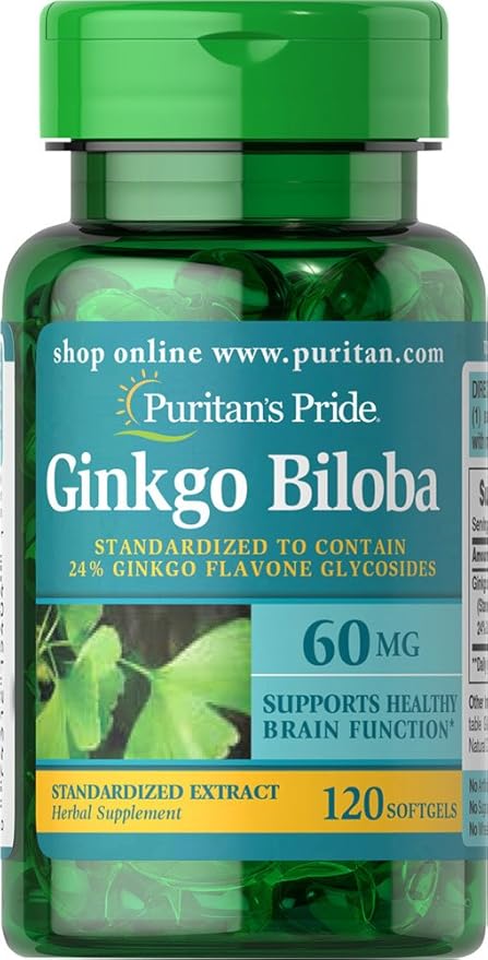 Puritan's Pride Ginkgo Biloba Standardized Extract Nootropic 60 Mg Softgels, 120 Count