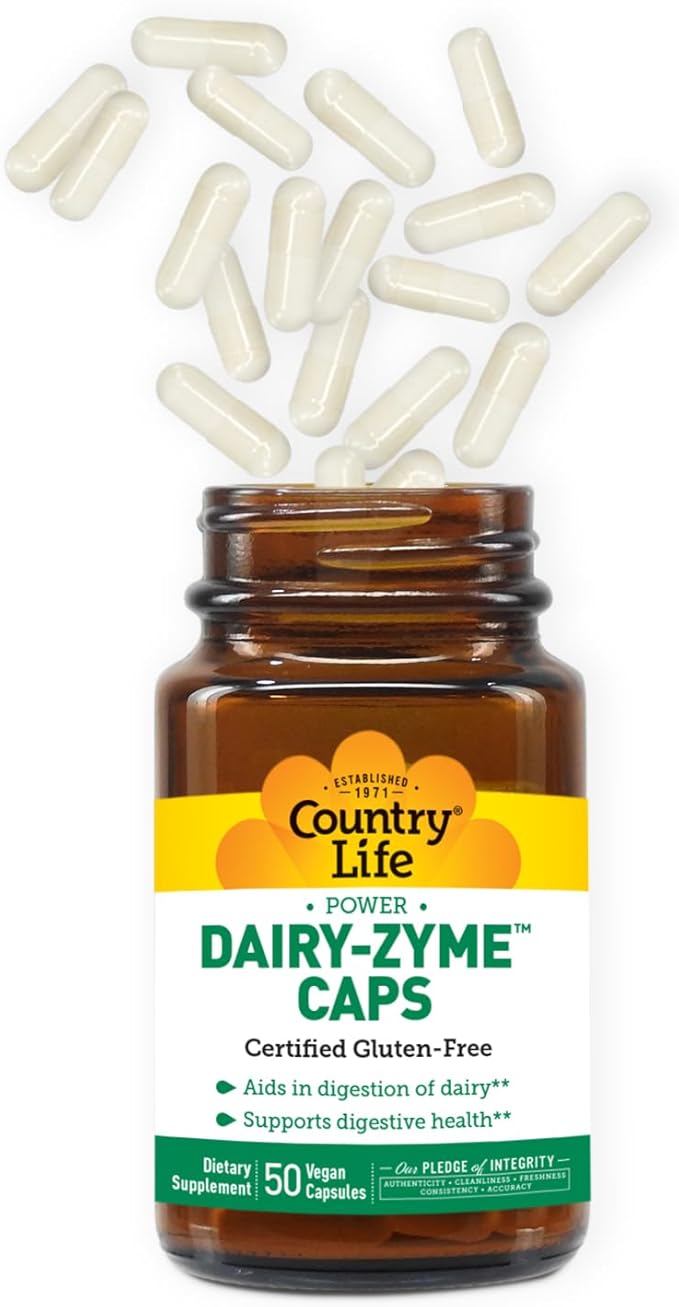 Country Life Dairy-Zyme - Digestive Enzymes for Dairy Relief - Lactase Enzyme Supplement for Lactose Intolerance - 6000 Lactase Units - Gluten-Free, Non-GMO - 50 Vegan Capsules