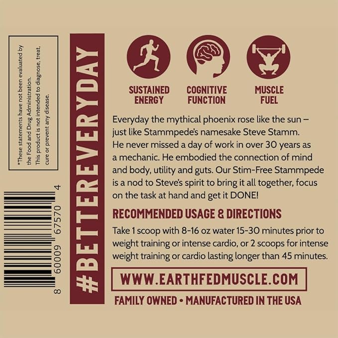 Earth Fed Muscle Stim-Free Stammpede Pre Workout, Sour Cherry, Stimulant and Caffeine Free, Boosts Energy, Endurance and Focus - Lion's Mane and Taurine - Soy Free, Gluten Free, Vegan - 30 Servings