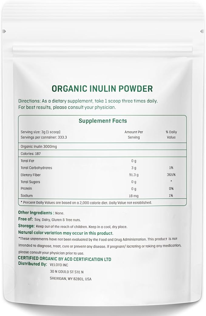 Organic Inulin Powder, Pure Inulin Prebiotic Supplement Natural Soluble Fibers Sweetener for Digestive Function, Unflavored & Unsweetened Superfood for Smoothie, Gluten Free, Vegan, 2.2 lb