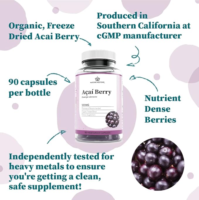 Nature Restore Organic Acai Berry Supplement, Freeze Dried, 90 Acai Berry Capsules, Non GMO, Gluten Free, Vegan