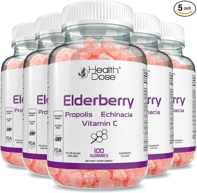 Elderberry Sambucus Gummy Vitamins Kids 100 Gummies. with Propolis Extract, Echinacea, Vitamin C, Yummy Raspberry Flavor, Vegan, Gluten-Free, Defense, Immune Support Booster, Pack of 5.