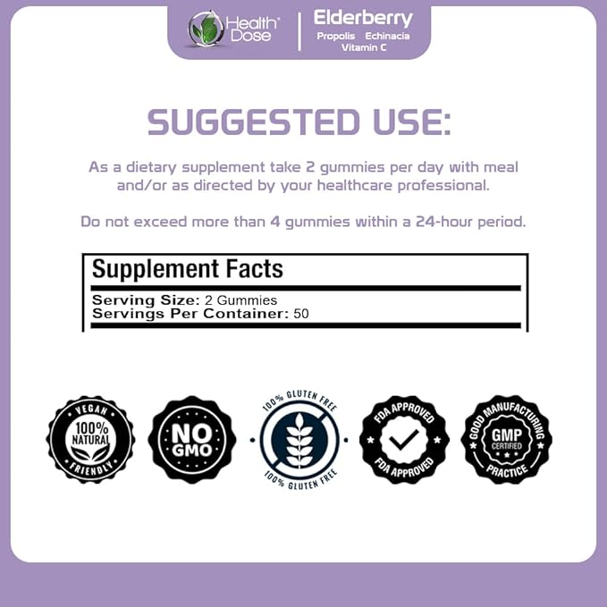 Elderberry Sambucus Gummy Vitamins Kids 100 Gummies. with Propolis Extract, Echinacea, Vitamin C, Yummy Raspberry Flavor, Vegan, Gluten-Free, Defense, Immune Support Booster. Pack of 2