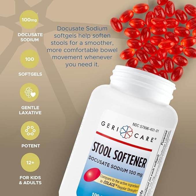 Docusate Sodium Stool Softener - 100mg Gentle Stimulant Laxative Softgels for Men & Women- Constipation Relief - Adults Daily Bowel Movement Laxative