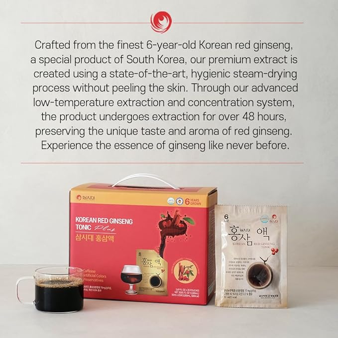 SamSiDae Korean Red Ginseng Tonic – 6-Year Grown Roots with Jujube & Cornus Fruit Extract – Caffeine-Free Herbal Supplement – Supports Energy and Immune Health – 20 Convenient Daily Pouches