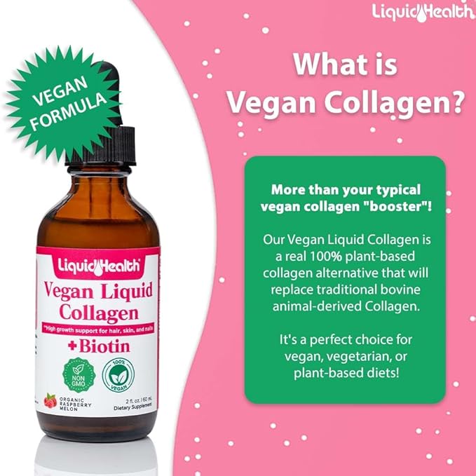 LIQUIDHEALTH 100% Vegan Collagen Plus Biotin 100,000mcg Liquid Drops - Plant-Based Liquid Collagen for Women & Men - Hair & Nail Growth, Skin Health, Boosts Metabolism - Made in USA, Non-GMO (2 Pack)